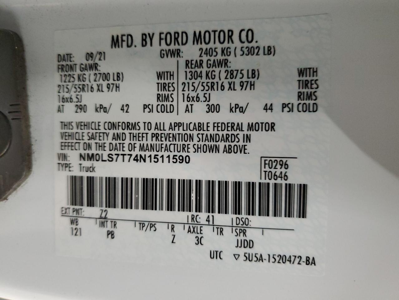 NM0LS7T74N1511590 FORD TRANSIT 2022