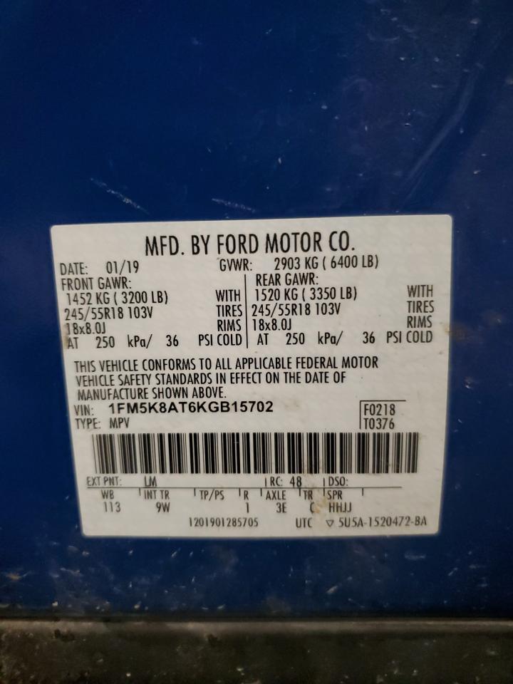 1FM5K8AT6KGB15702 FORD EXPLORER 2019
