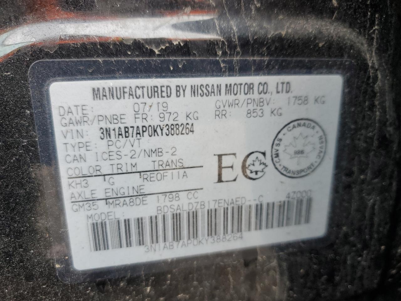 3N1AB7AP0KY388264 NISSAN SENTRA 2019