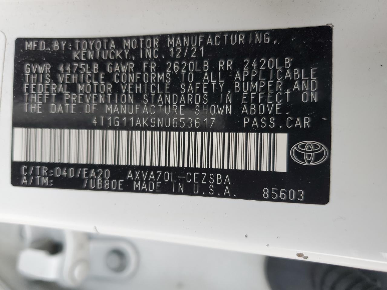 4T1G11AK9NU653617 TOYOTA CAMRY 2022