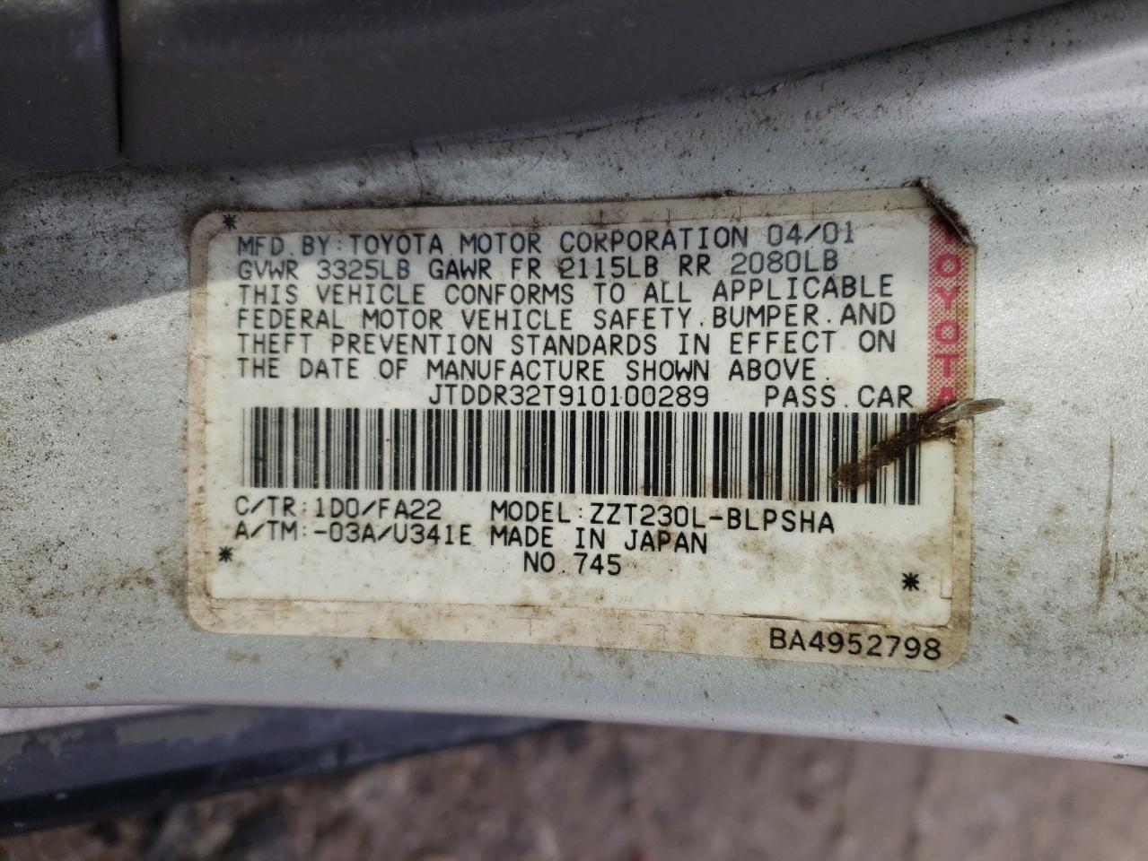 2001 Toyota Celica Gt VIN: JTDDR32T910100289 Lot: 49600415