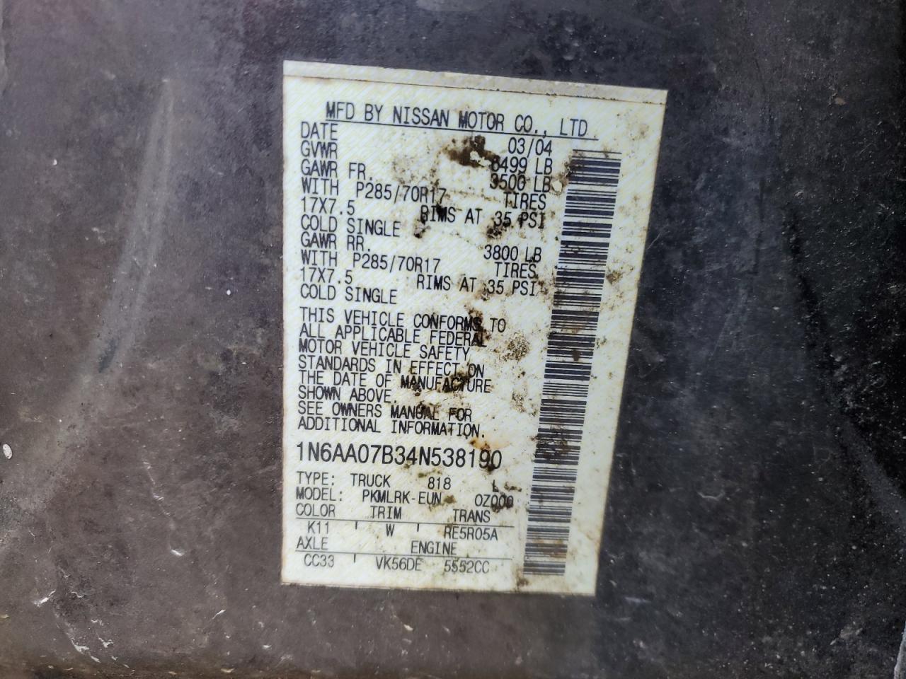 2004 Nissan Titan Xe VIN: 1N6AA07B34N538190 Lot: 58393085