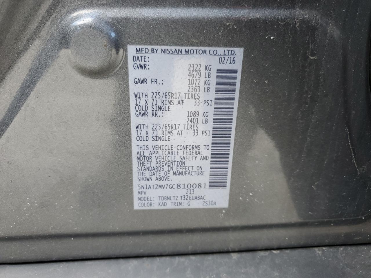 5N1AT2MV7GC810081 NISSAN ROGUE 2016