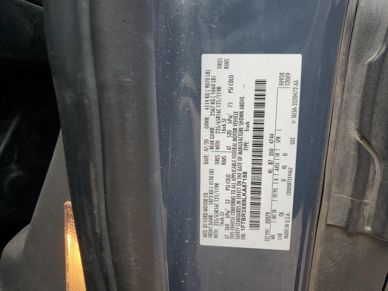 2020 Ford Transit T-250 VIN: 1FTBR3X89LKA87188 Lot: 49649355