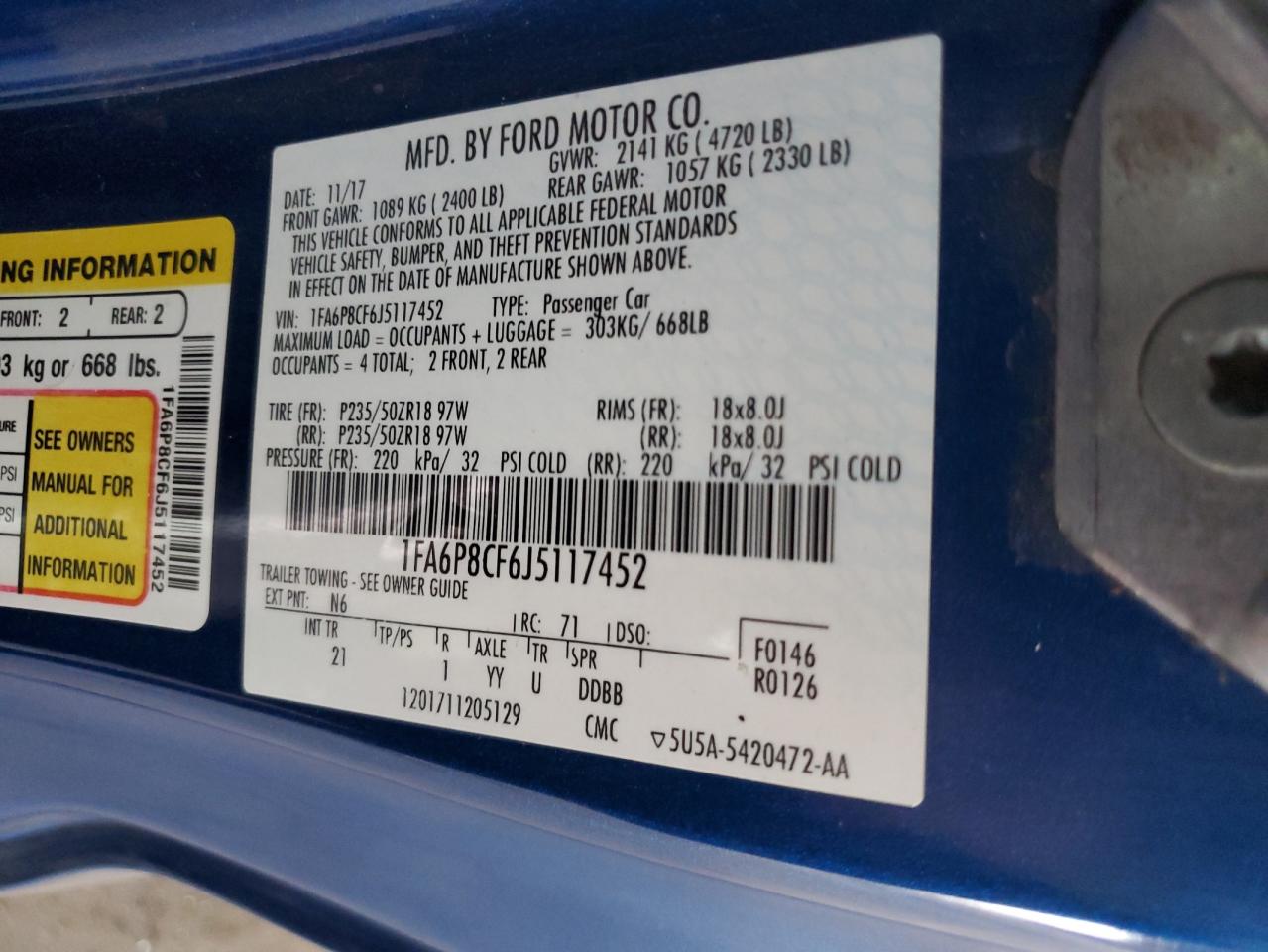 1FA6P8CF6J5117452 FORD MUSTANG 2018