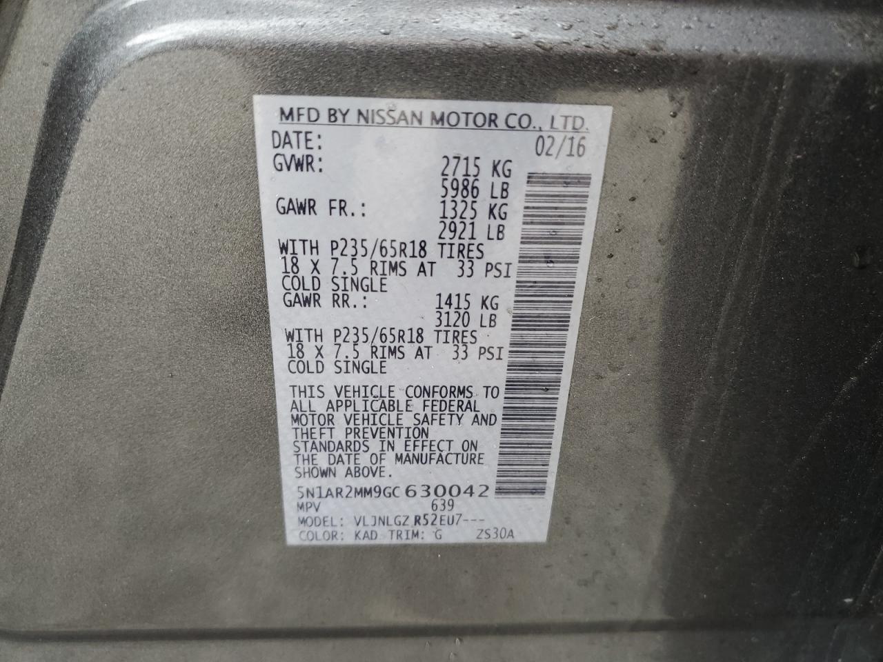 5N1AR2MM9GC630042 NISSAN PATHFINDER 2016