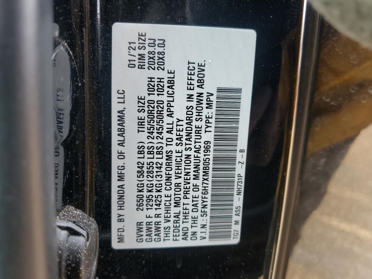 5FNYF6H7XMB051969 HONDA PILOT 2021
