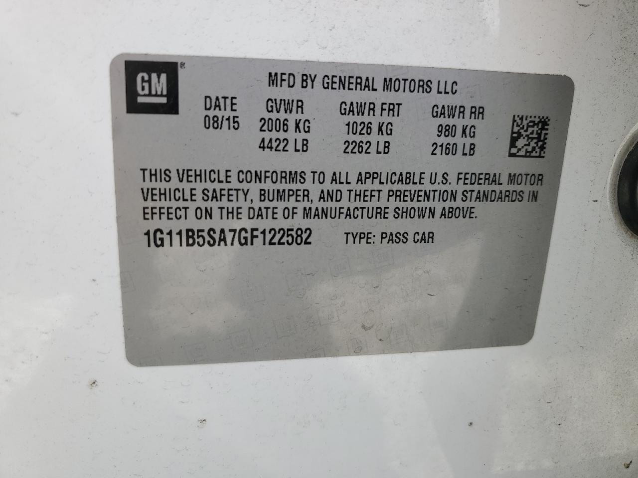 1G11B5SA7GF122582 CHEVROLET MALIBU 2016