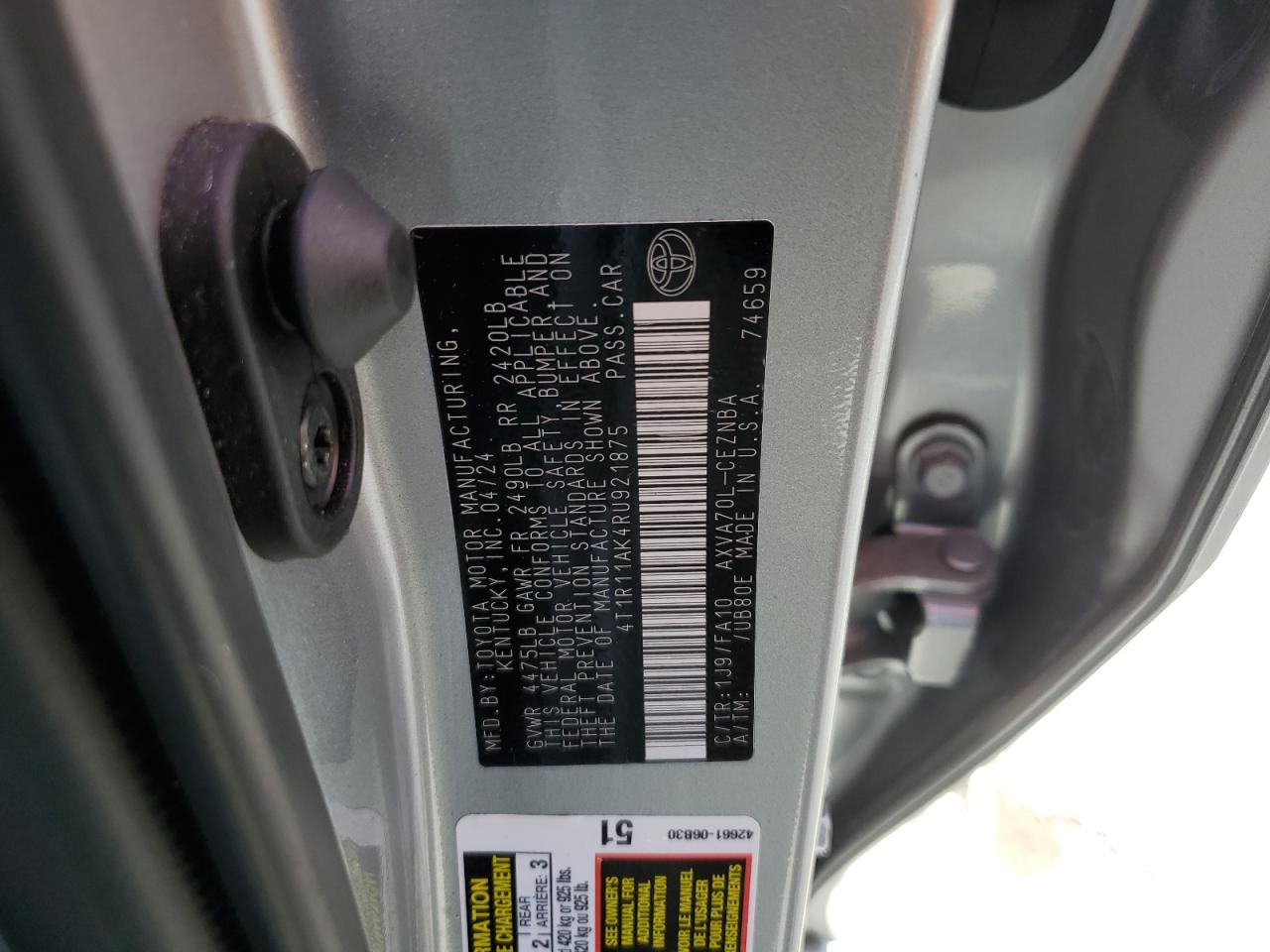 4T1R11AK4RU921875 TOYOTA CAMRY 2024