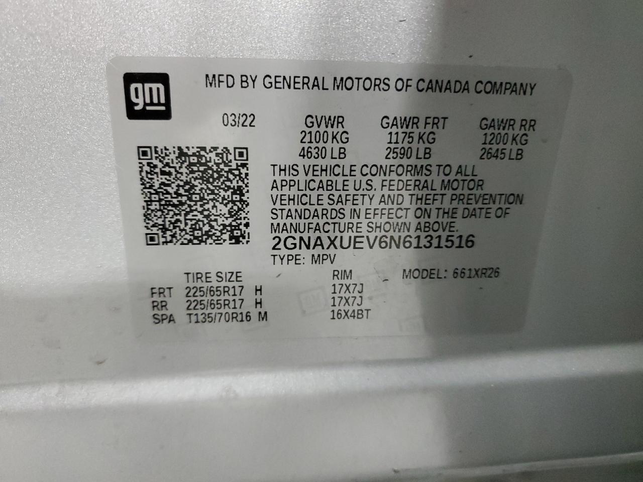 2GNAXUEV6N6131516 CHEVROLET EQUINOX 2022
