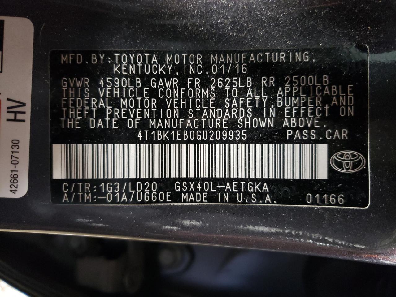 4T1BK1EB0GU209935 TOYOTA AVALON 2016