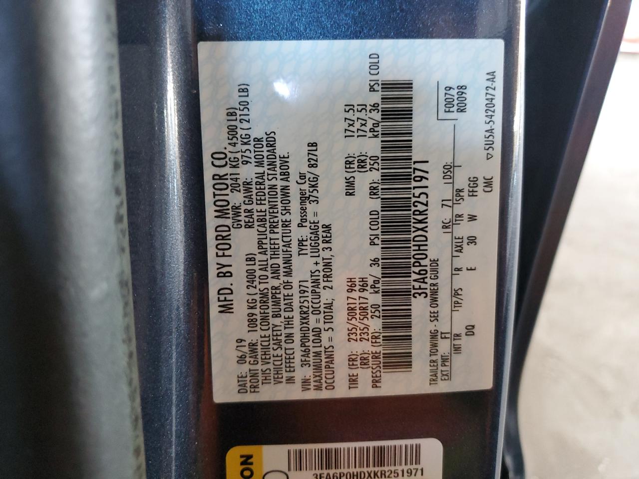 3FA6P0HDXKR251971 FORD FUSION 2019