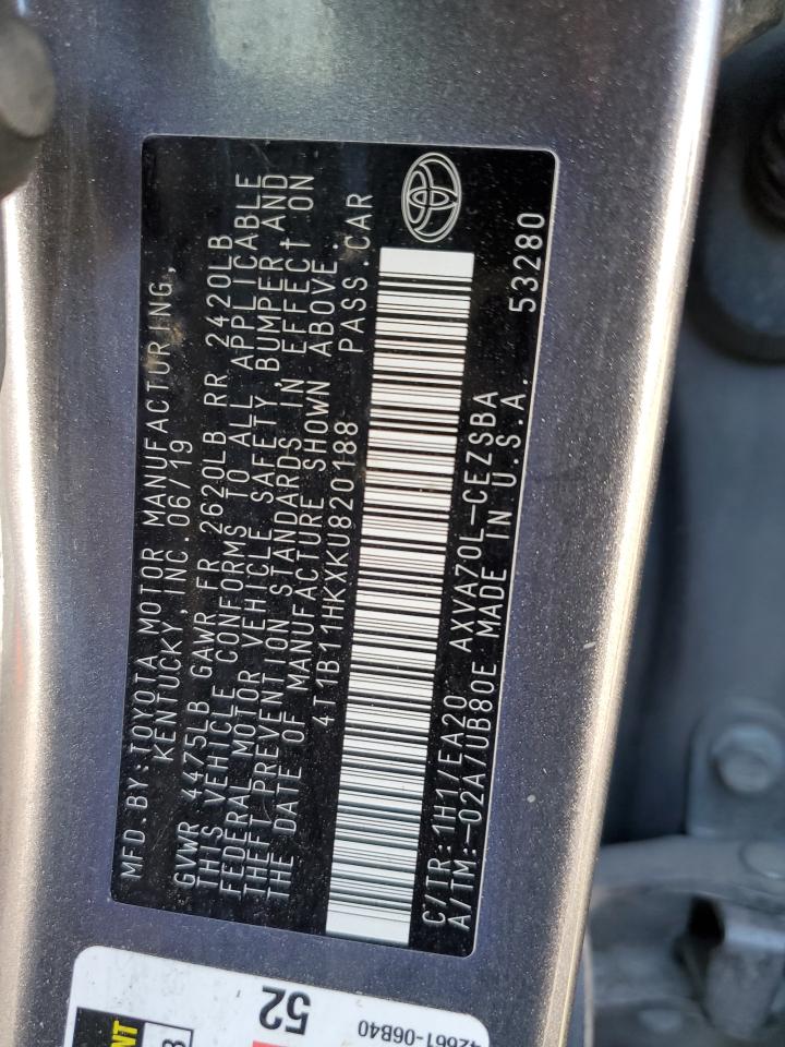 4T1B11HKXKU820188 TOYOTA CAMRY 2019