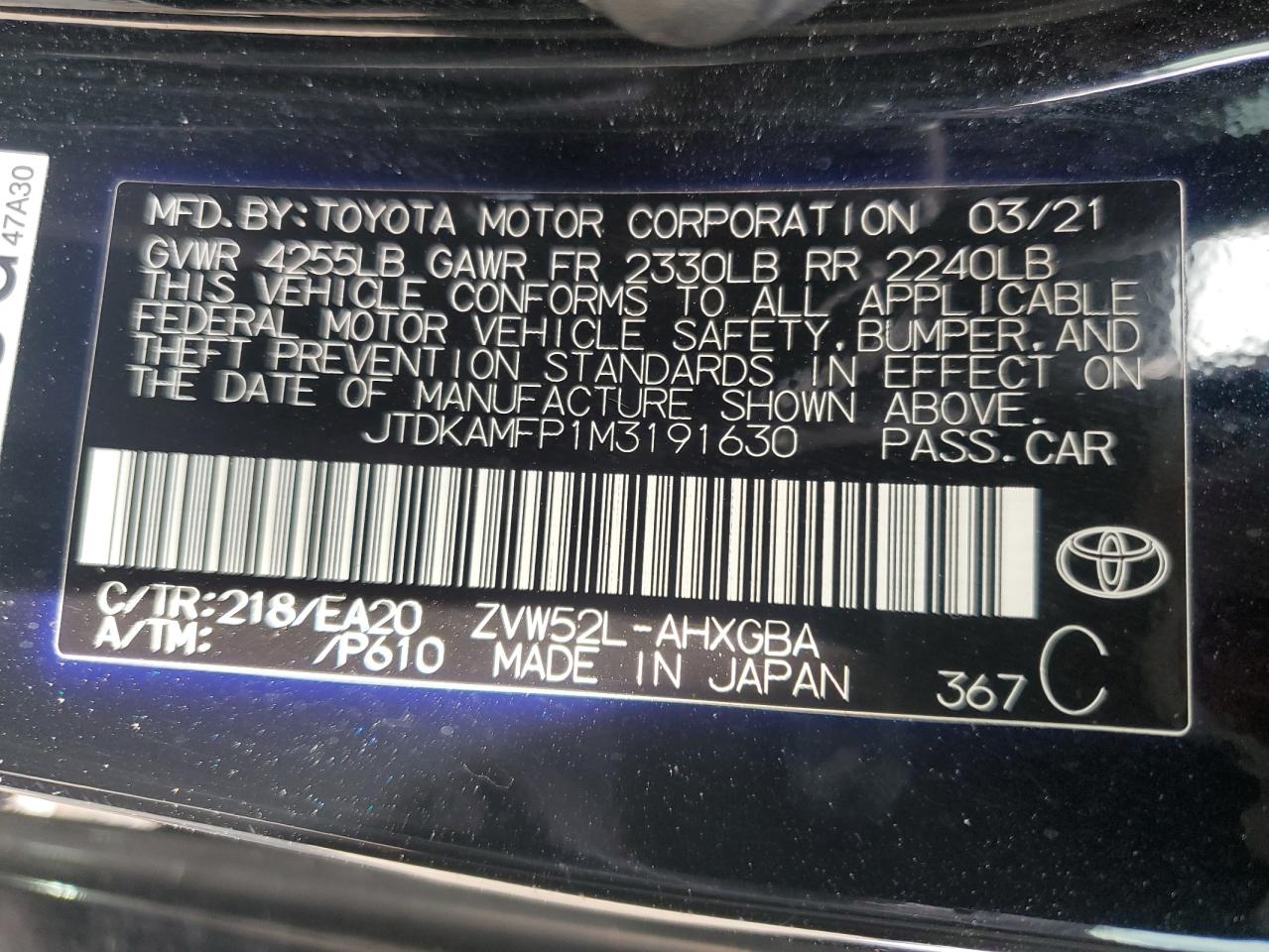 JTDKAMFP1M3191630 TOYOTA PRIUS 2021