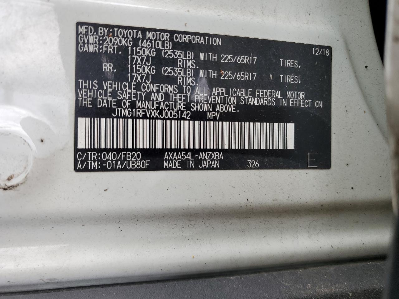 JTMG1RFVXKJ005142 TOYOTA RAV4 2019