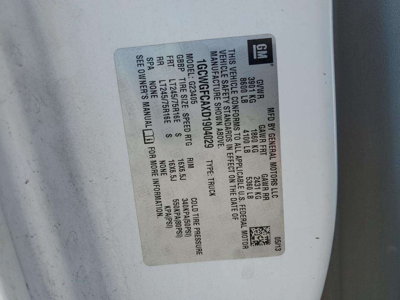 2013 Chevrolet Express G2500 VIN: 1GCWGFCAXD1904029 Lot: 50920605