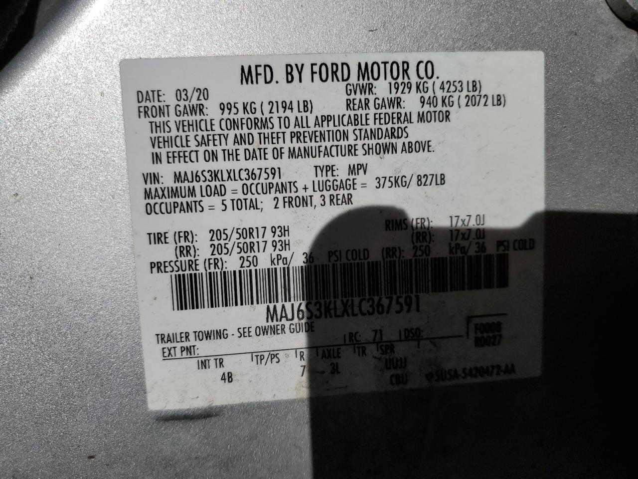 MAJ6S3KLXLC367591 FORD ECOSPORT 2020