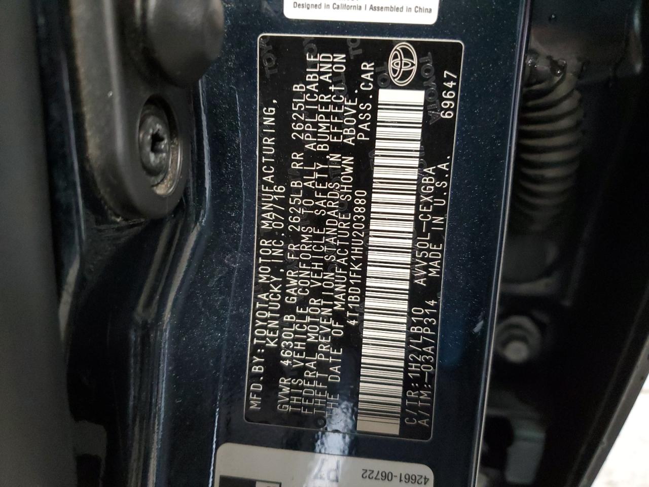 4T1BD1FK1HU203880 TOYOTA CAMRY 2017
