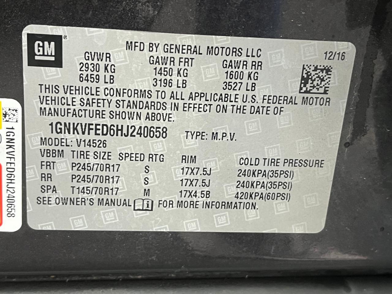 1GNKVFED6HJ240658 CHEVROLET TRAVERSE 2017