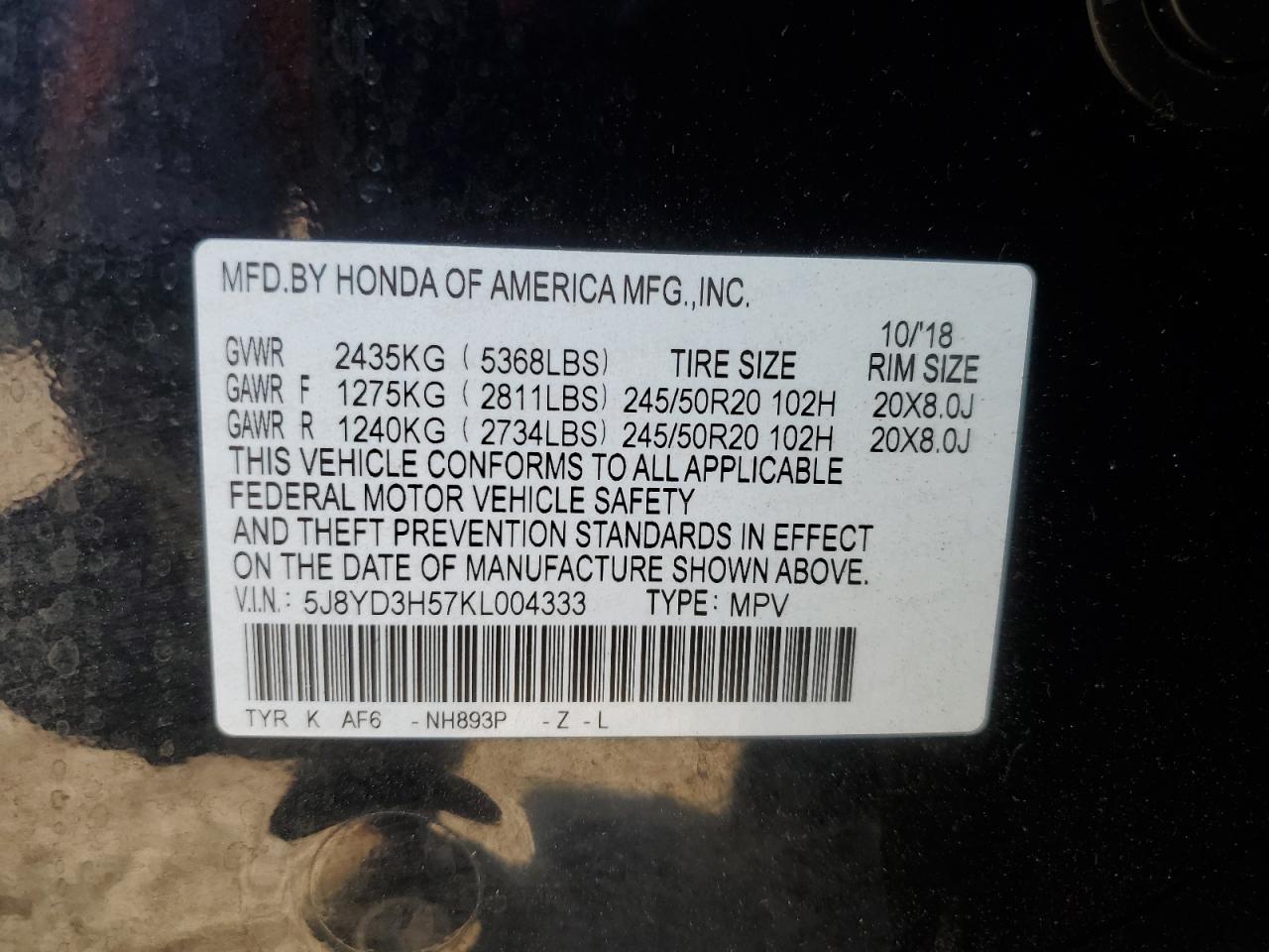 2019 Acura Mdx Technology VIN: 5J8YD3H57KL004333 Lot: 50056165