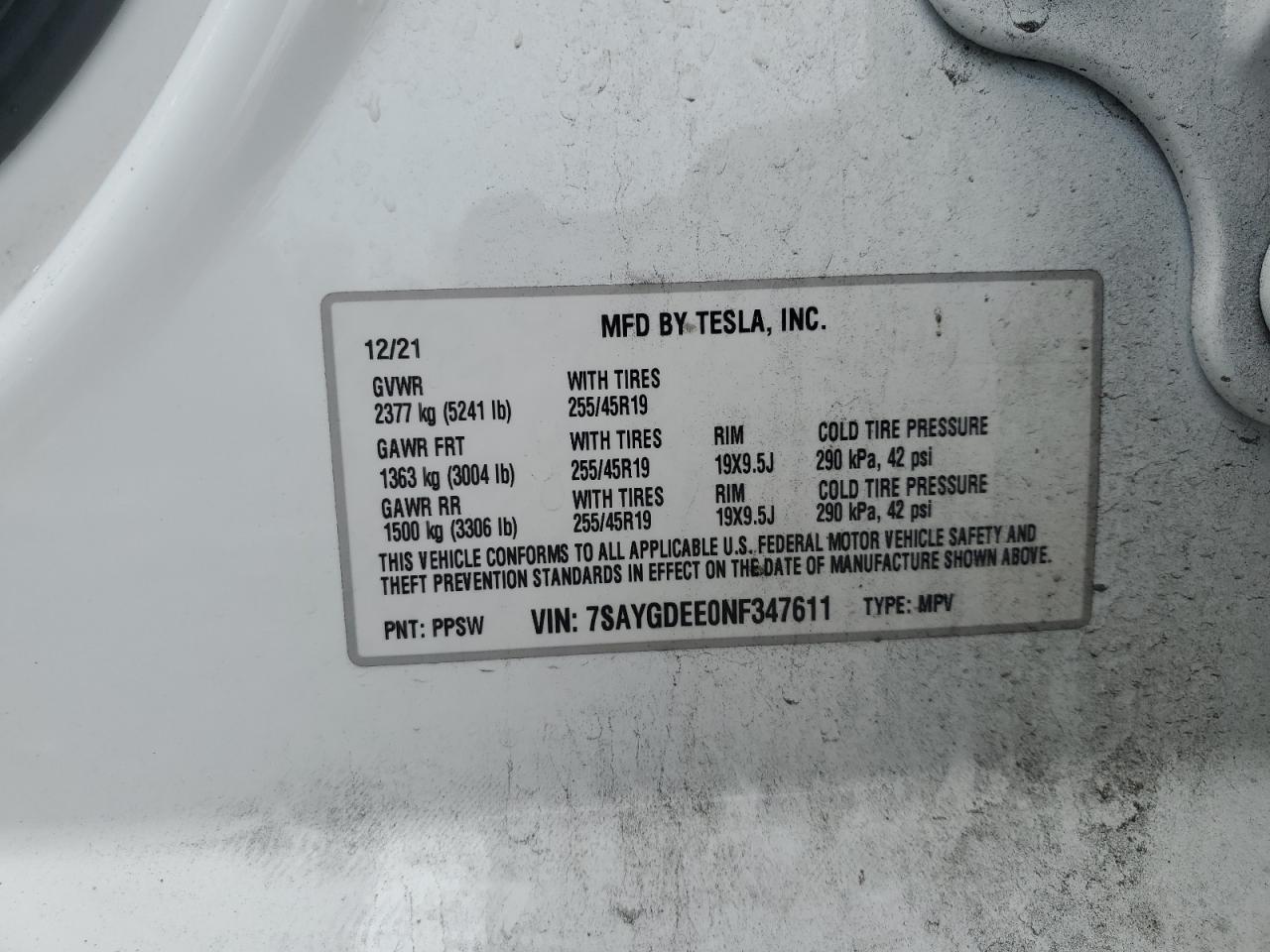 2022 Tesla Model Y VIN: 7SAYGDEE0NF347611 Lot: 49895625