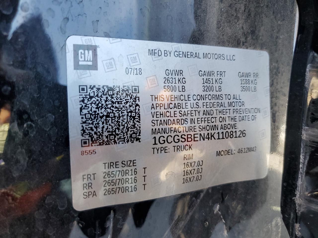 1GCGSBEN4K1108126 CHEVROLET COLORADO 2019