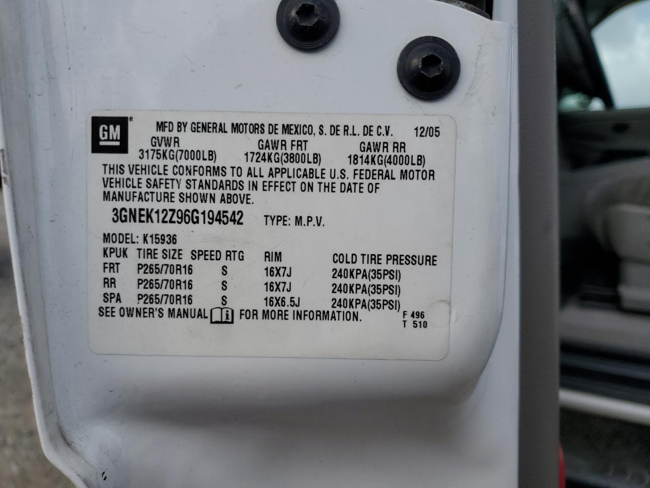 2006 Chevrolet Avalanche K1500 VIN: 3GNEK12Z96G194542 Lot: 50844835