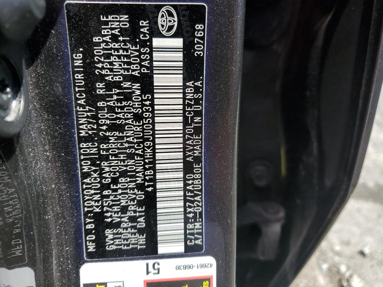 4T1B11HK9JU059345 TOYOTA CAMRY 2018