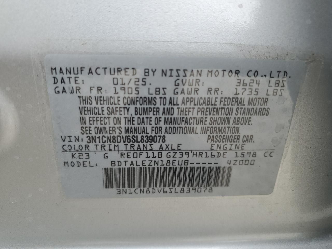 3N1CN8DV6SL839078 NISSAN VERSA 2025