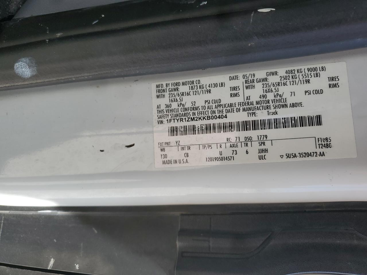 1FTYR1ZM2KKB00404 FORD TRANSIT 2019