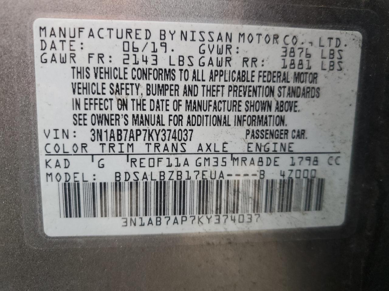 3N1AB7AP7KY374037 NISSAN SENTRA 2019