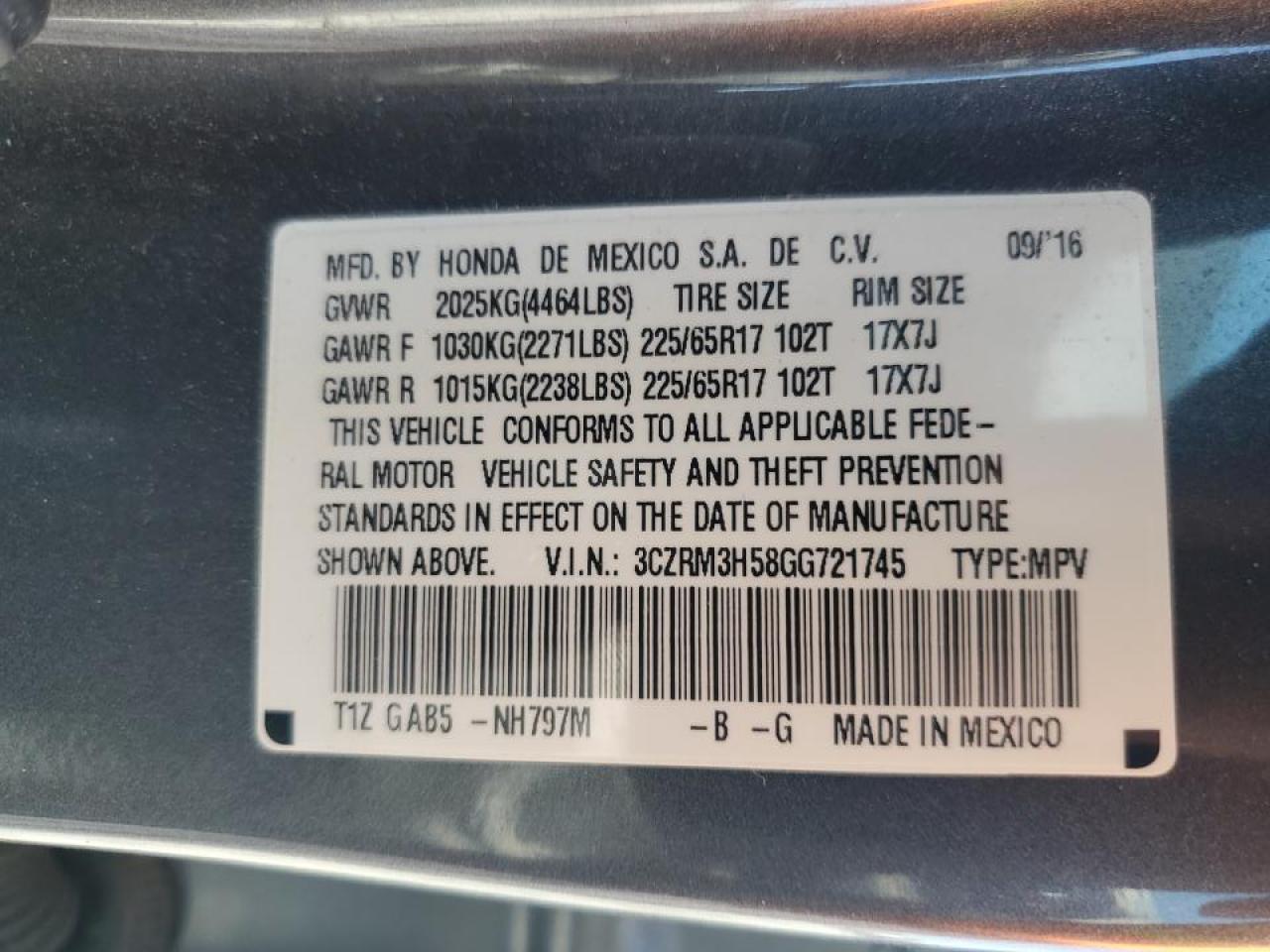 3CZRM3H58GG721745 HONDA CRV 2016