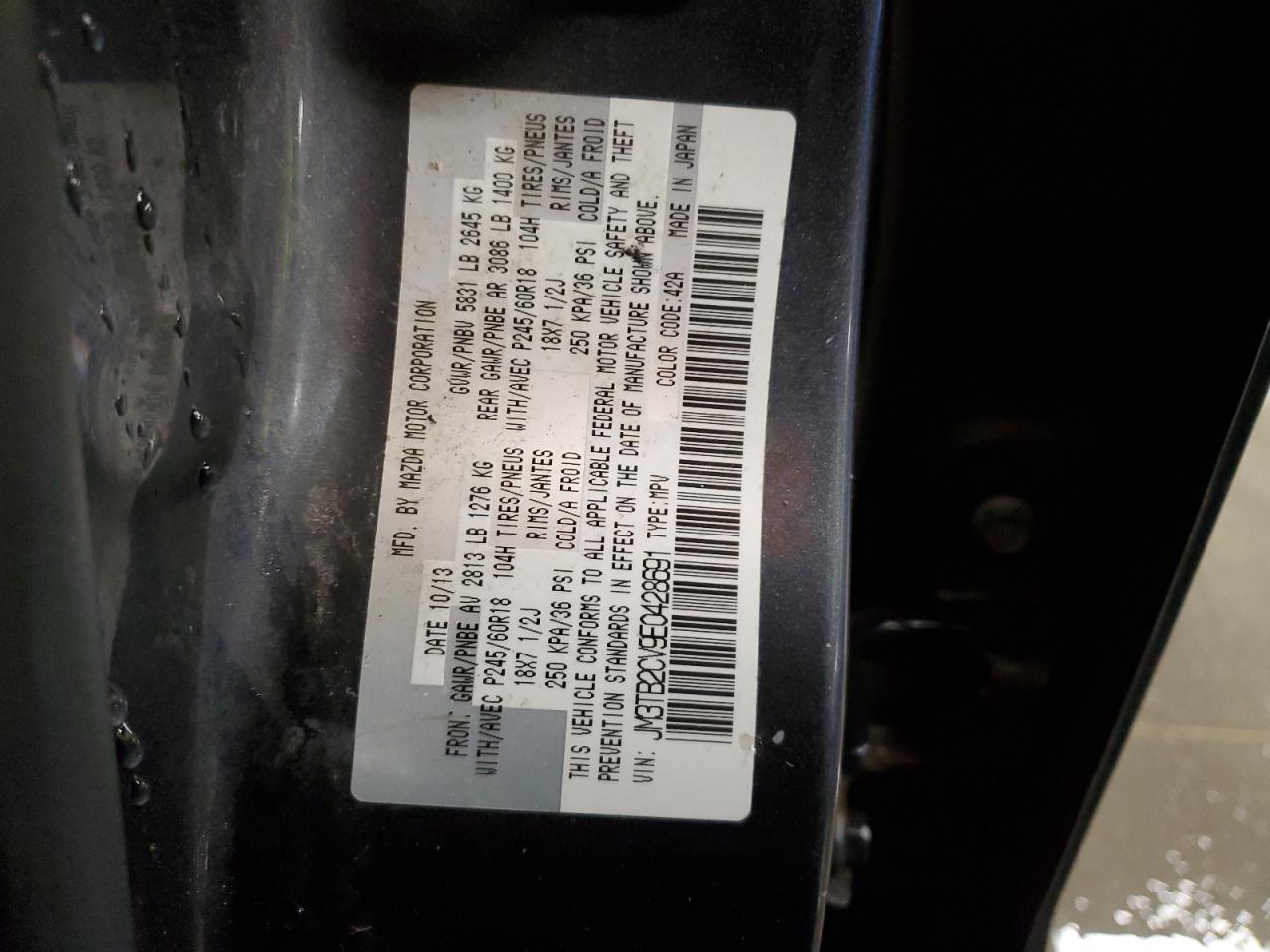 2014 Mazda Cx-9 Touring VIN: JM3TB2CV9E0428691 Lot: 49976885