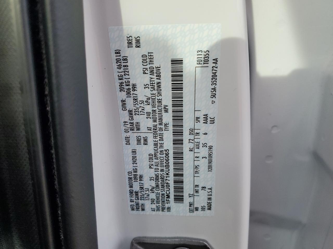 1FMCU0F71KUB06065 FORD ESCAPE 2019