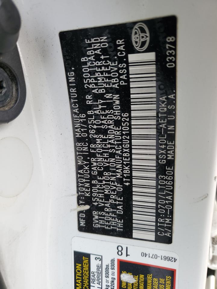 4T1BK1EBXGU210526 TOYOTA AVALON 2016