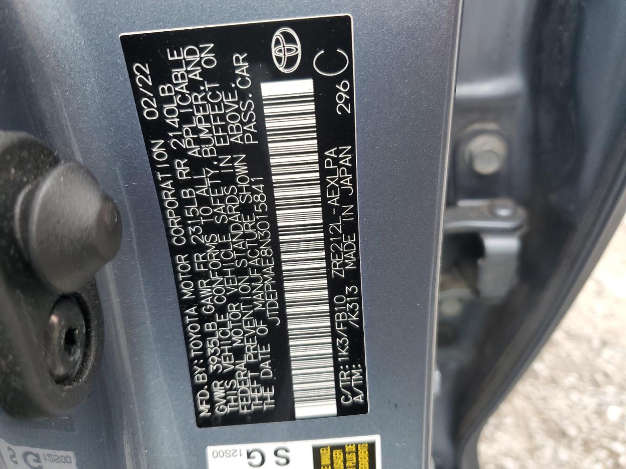 JTDEPMAE8N3015841 TOYOTA COROLLA 2022