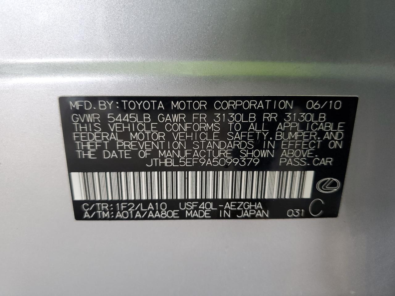 2010 Lexus Ls 460 VIN: JTHBL5EF9A5099379 Lot: 49319245