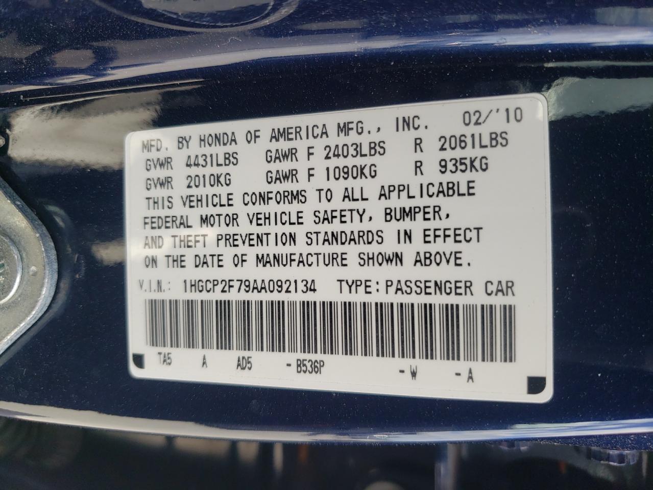 2010 Honda Accord Ex VIN: 1HGCP2F79AA092134 Lot: 47959315