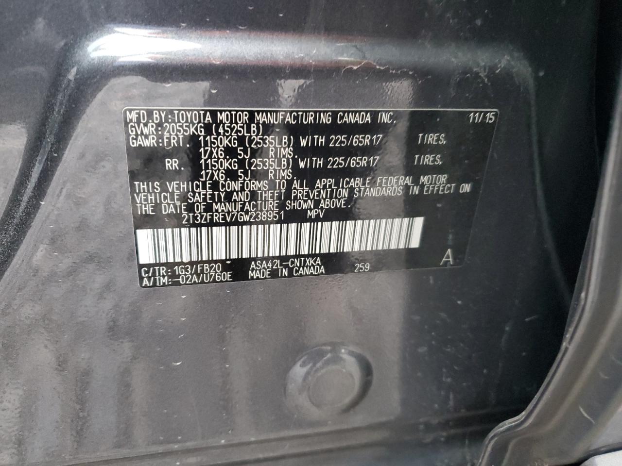 2T3ZFREV7GW238951 TOYOTA RAV4 2016