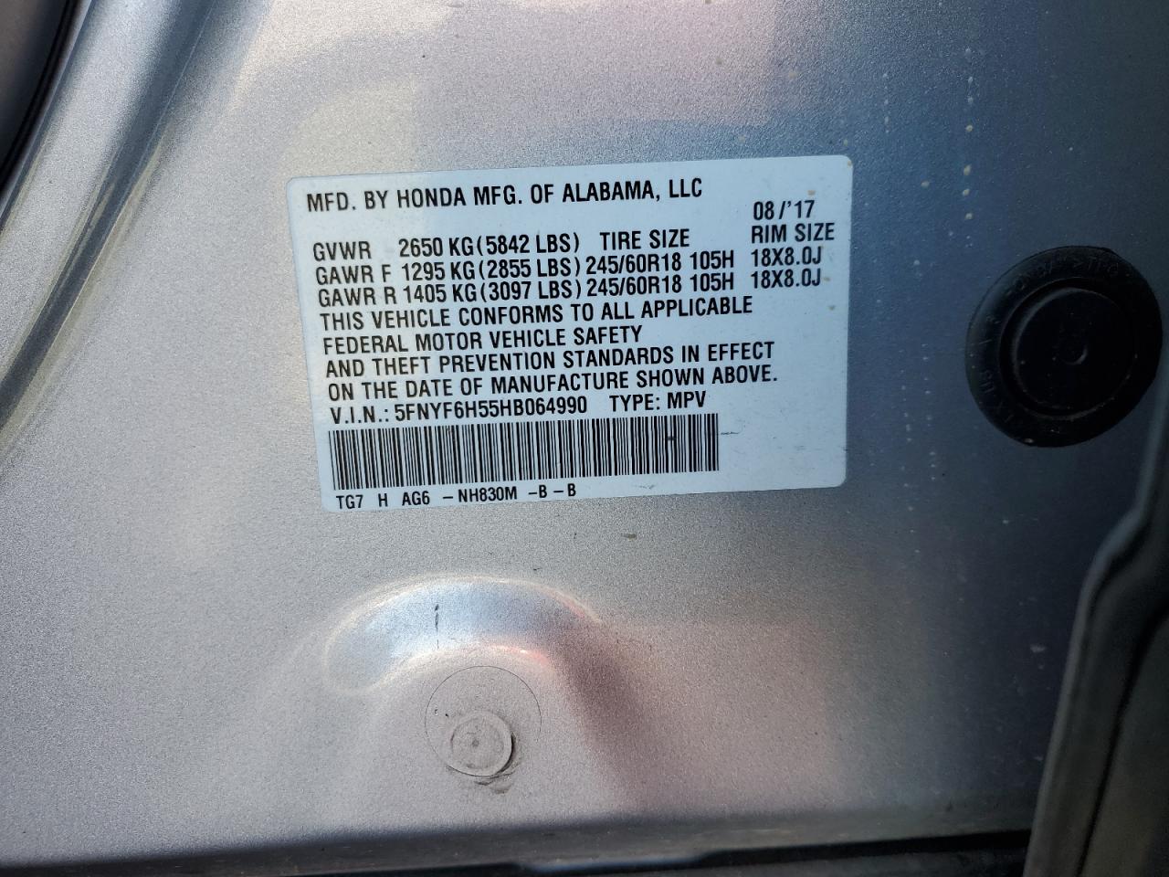 5FNYF6H55HB064990 HONDA PILOT 2017
