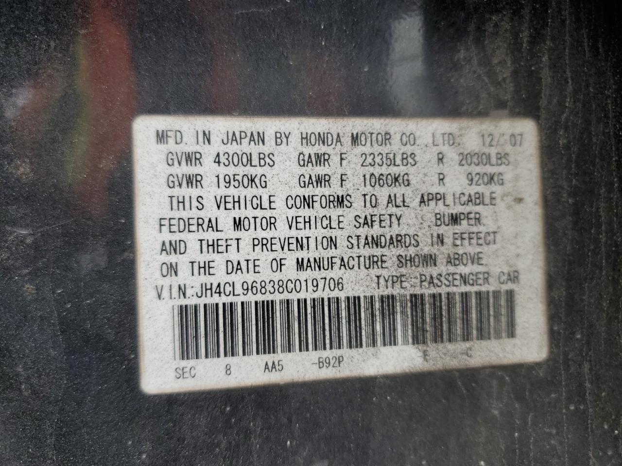 2008 Acura Tsx VIN: JH4CL96838C019706 Lot: 48103595