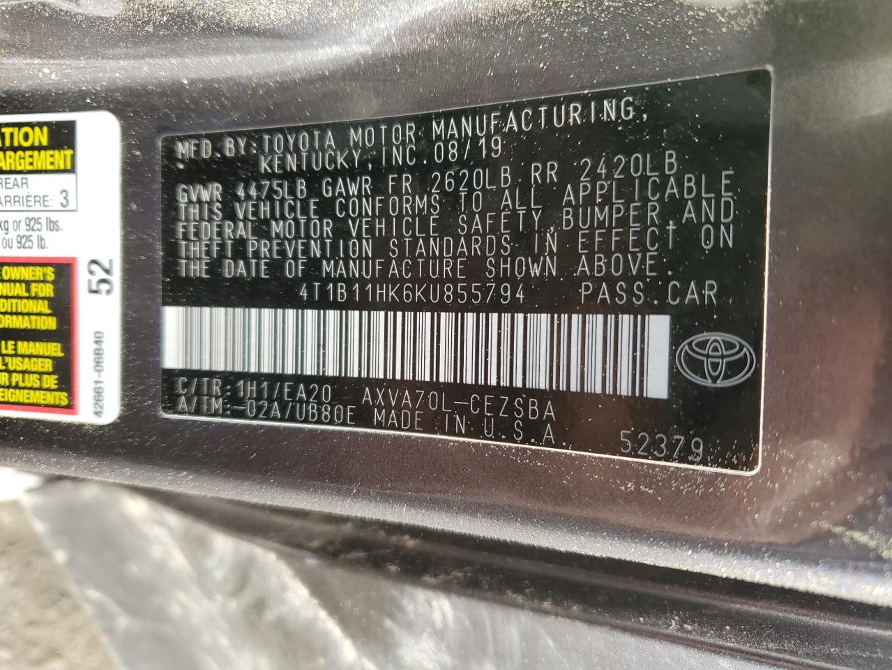 2019 Toyota Camry L VIN: 4T1B11HK6KU855794 Lot: 50810965