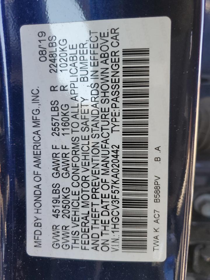 1HGCV3F57KA020442 HONDA ACCORD 2019