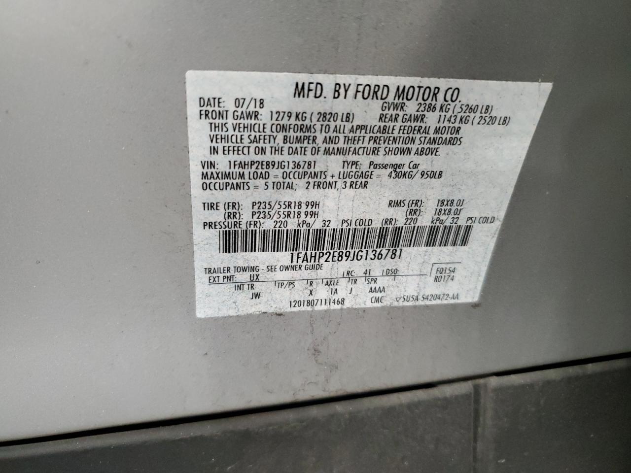 1FAHP2E89JG136781 FORD TAURUS 2018