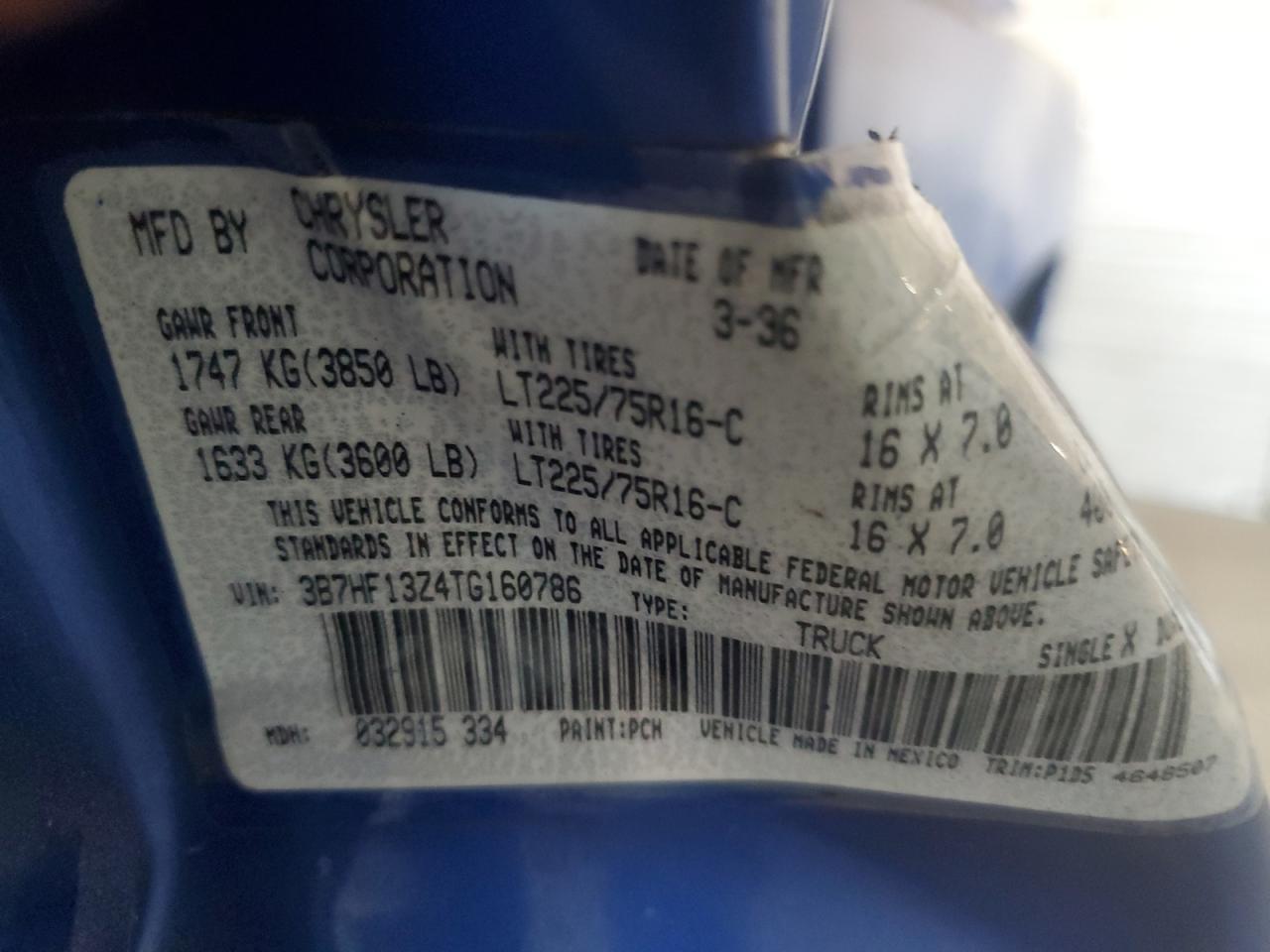 1996 Dodge Ram 1500 VIN: 3B7HF13Z4TG160786 Lot: 48021635