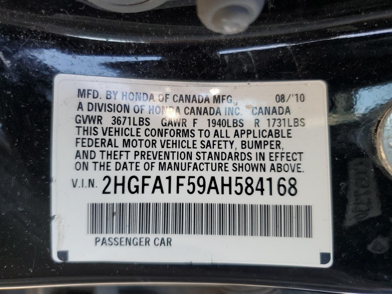 2010 Honda Civic Lx VIN: 2HGFA1F59AH584168 Lot: 62055525