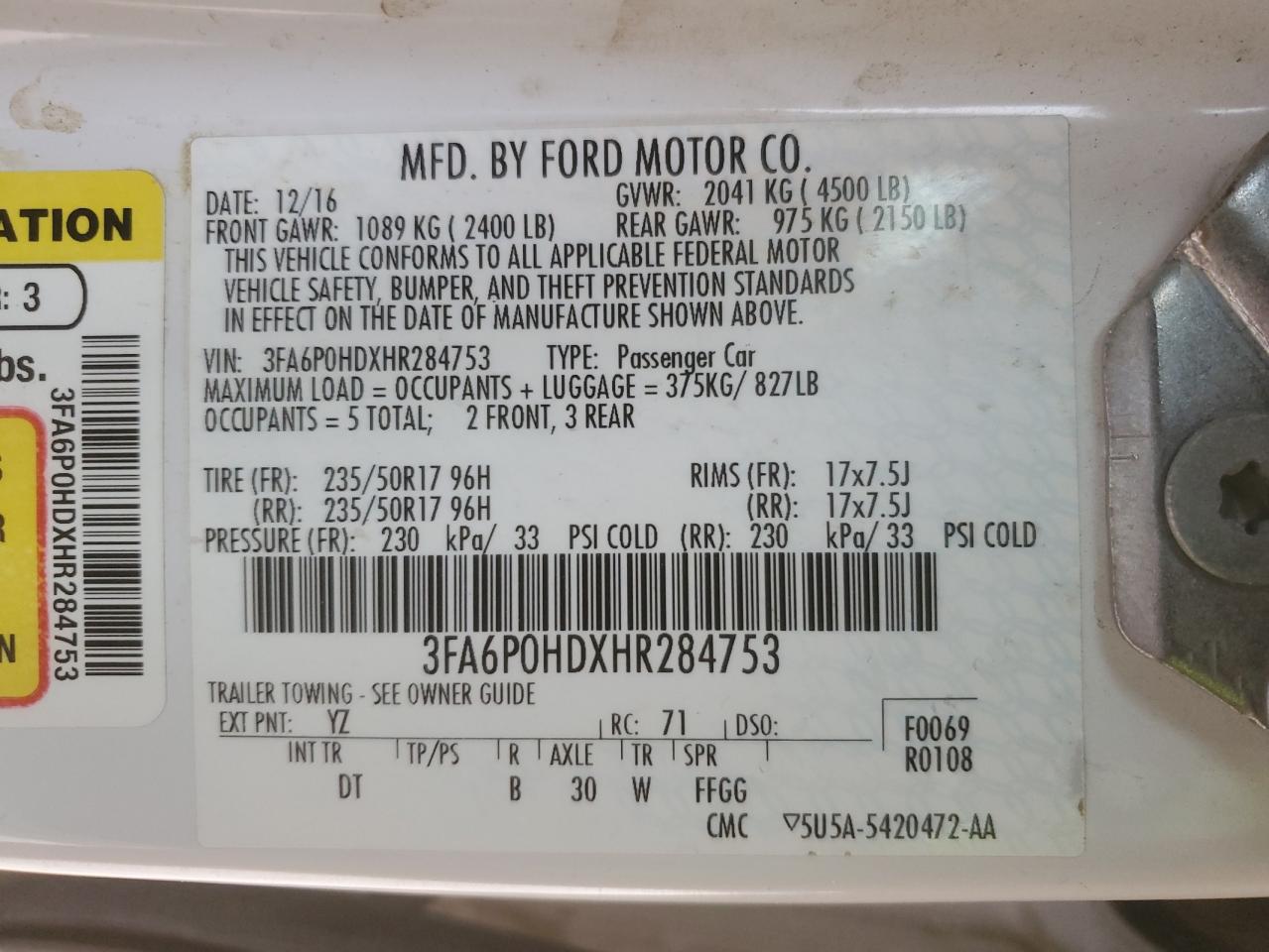 3FA6P0HDXHR284753 FORD FUSION 2017