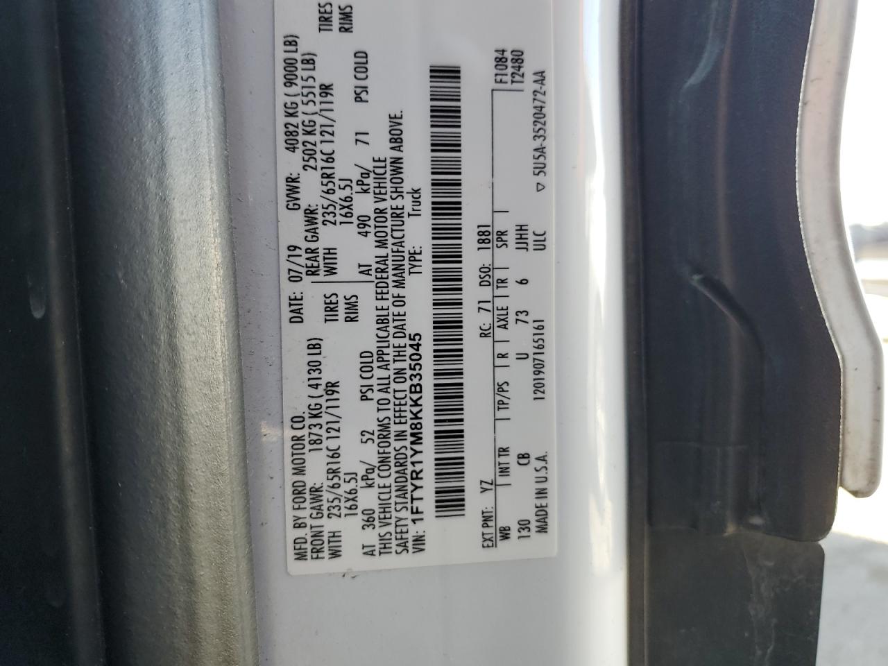 1FTYR1YM8KKB35045 FORD TRANSIT 2019