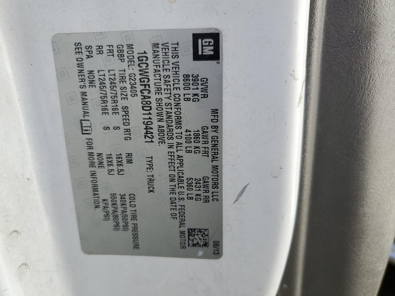 2013 Chevrolet Express G2500 VIN: 1GCWGFCA8D1194421 Lot: 48919435