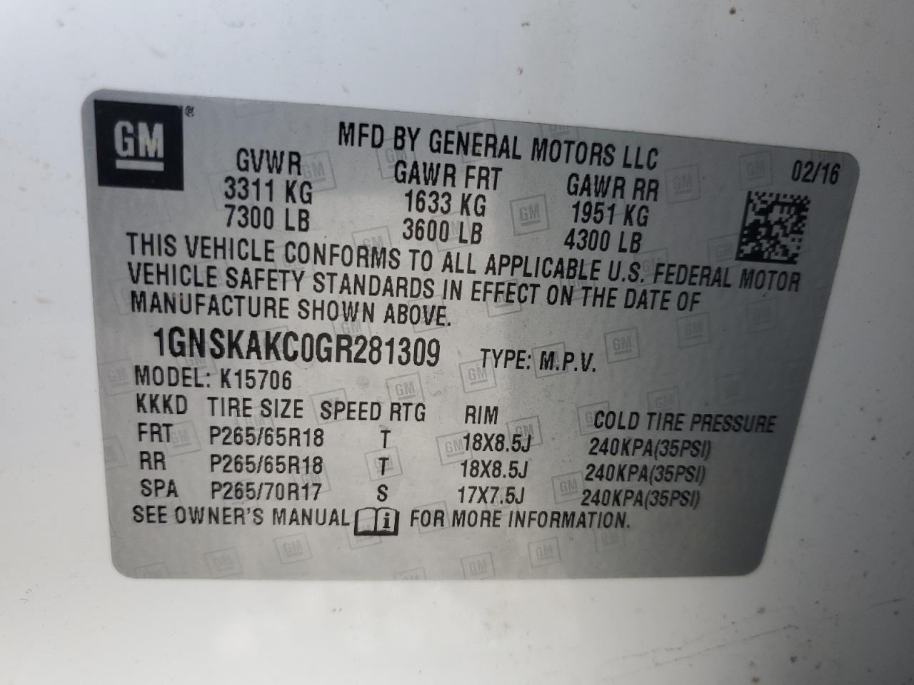 1GNSKAKC0GR281309 CHEVROLET TAHOE 2016